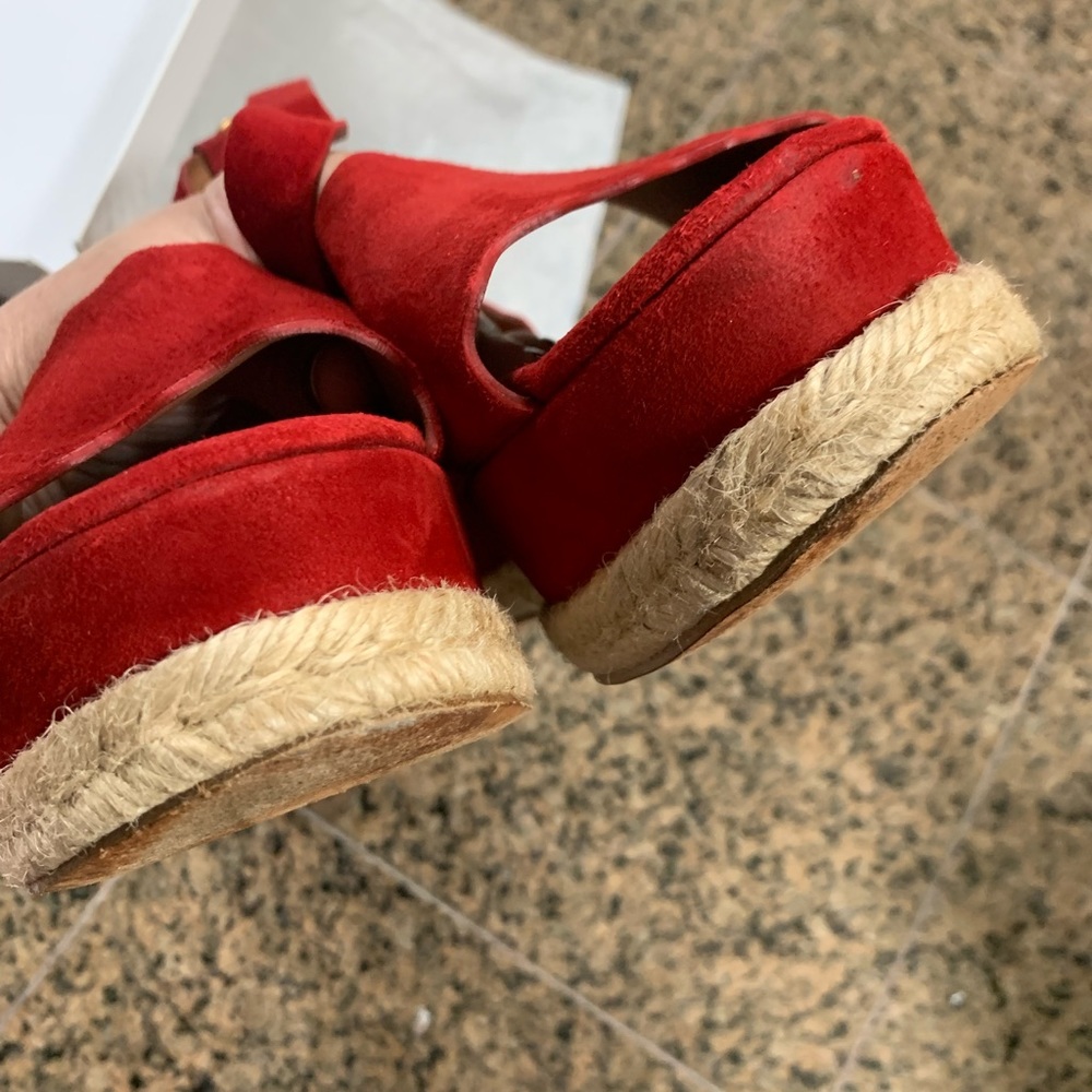 Red Suede Scallop Espadrille Sandals - Women - Picture 10 of 14